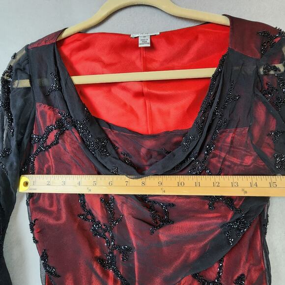 Caché 100% Silk Sheer Blouse Medium Beaded Bell Sleeves Red Black - Picture 6 of 12